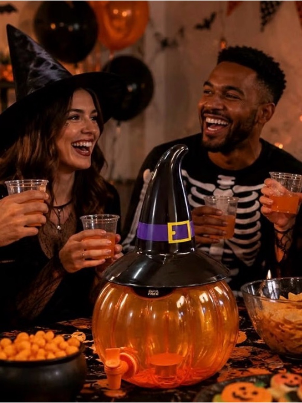 Halloween Pumpkin Drink Dispenser with Witch Hat - Black & Orange